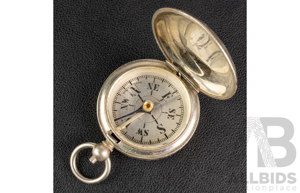 Vintage Pocket Compass Early 20th Century, Silver Tone, 45mm