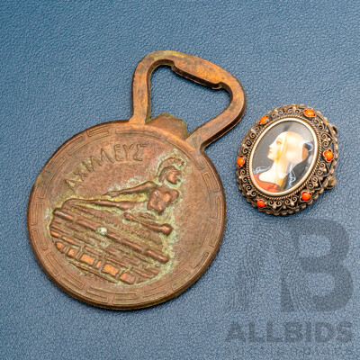 Vintage (800) Silver Miniature Portrait with Coral Brooch/pendant & Greek Achilles Vintage Brass Bottle Opener