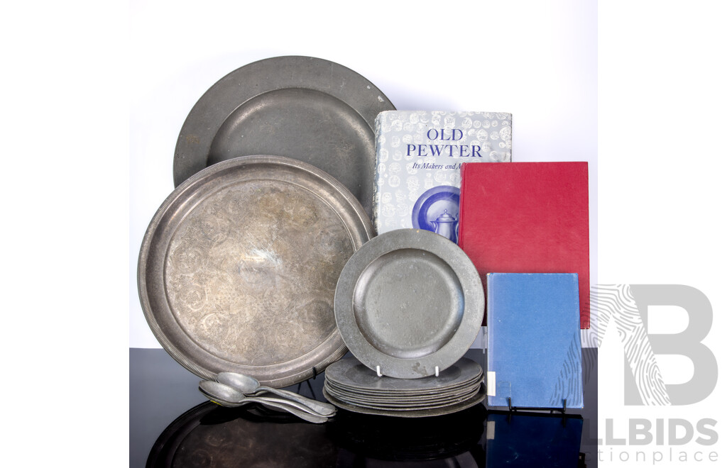 Antique Burford & Green Pewter Charger, Ten Pewter Plates by Samuel Ellis & Others, Set Four Antique Pewter Spoons, All Mid to Late 1700s, Also Three Books Regarding Pewter