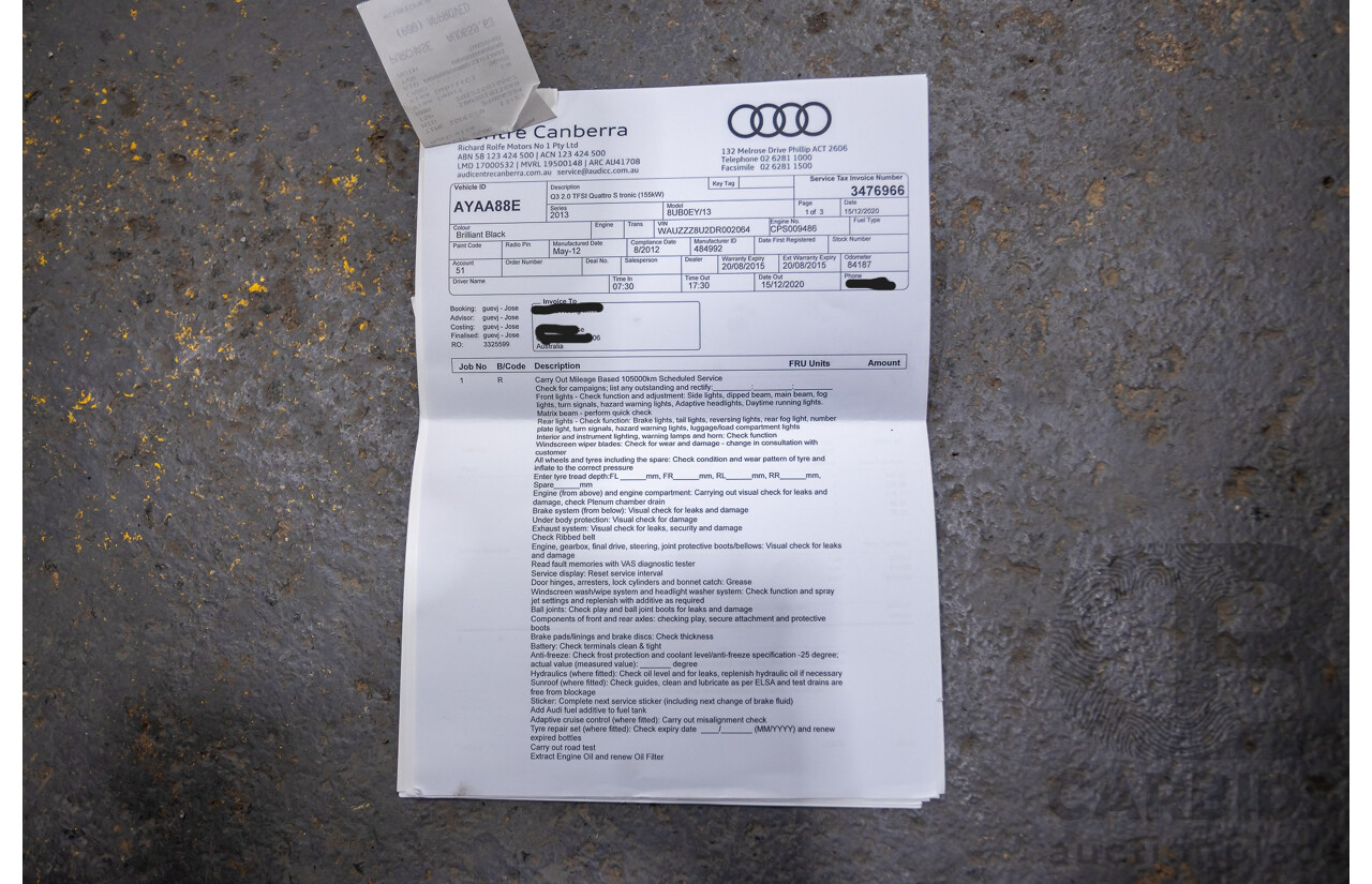 8/2012 Audi Q3 2.0 TFSI Quattro (AWD) 8U 4d Wagon Brilliant Black Turbo 2.0L - 155kw Version