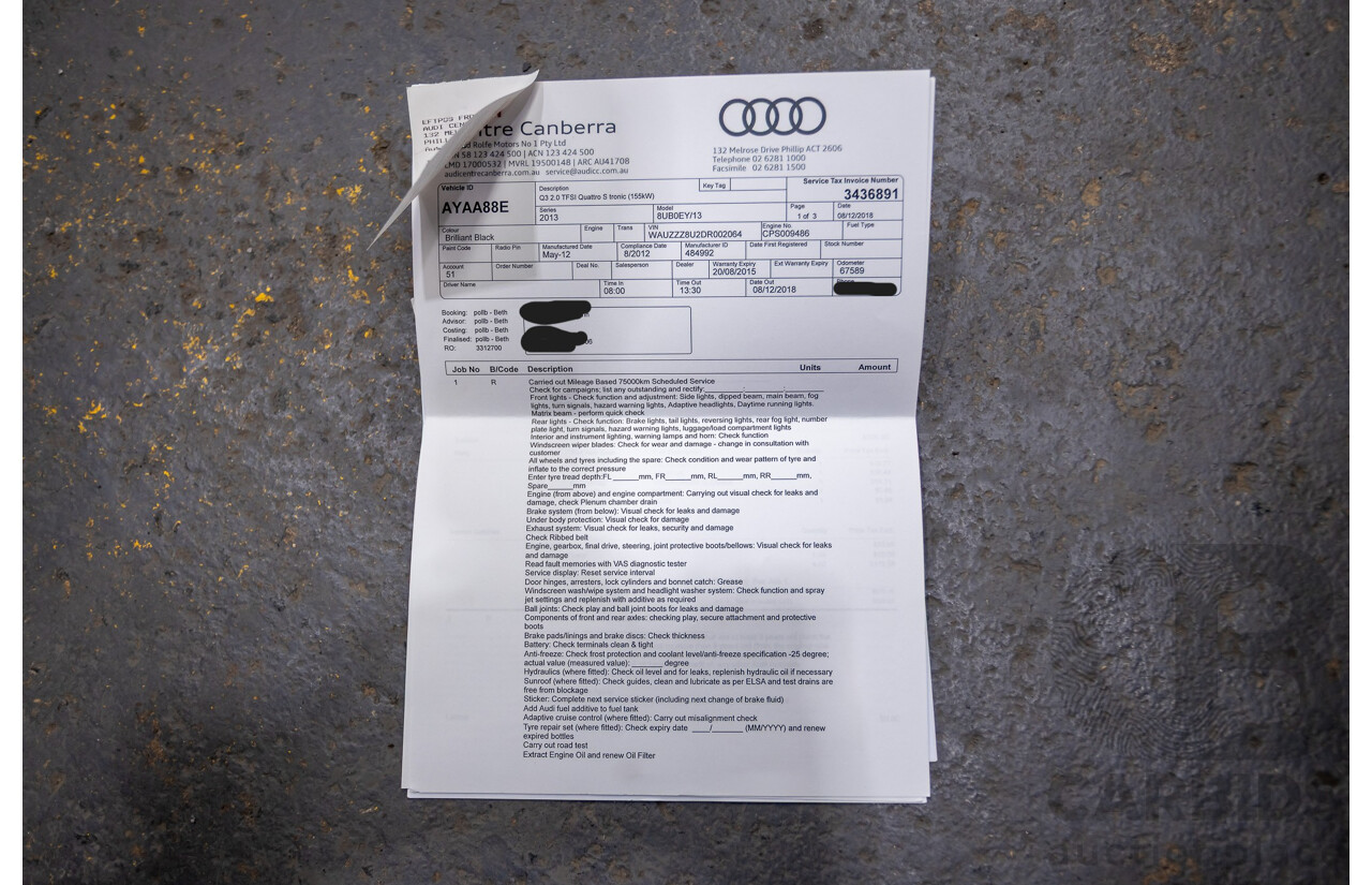 8/2012 Audi Q3 2.0 TFSI Quattro (AWD) 8U 4d Wagon Brilliant Black Turbo 2.0L - 155kw Version