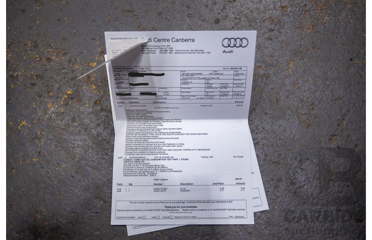 8/2012 Audi Q3 2.0 TFSI Quattro (AWD) 8U 4d Wagon Brilliant Black Turbo 2.0L - 155kw Version