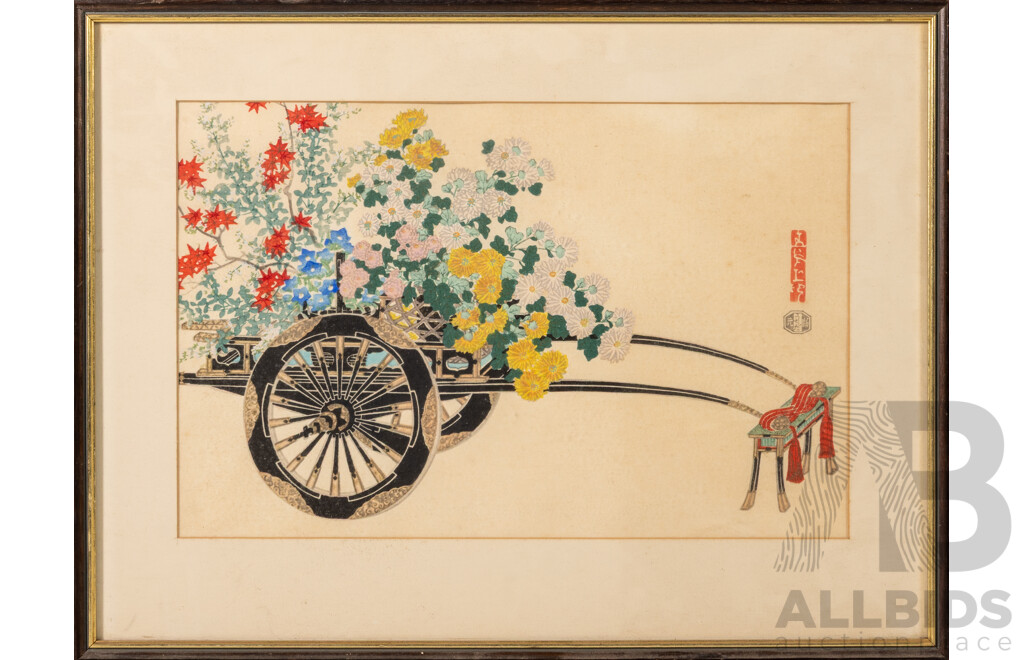 Kin-u Takeshita (20th Century, Japanese, 1910-1960), Flower Cart in Autumn, Beautiful Vintage Wood Block Print, 38 x 50 cm (frame)