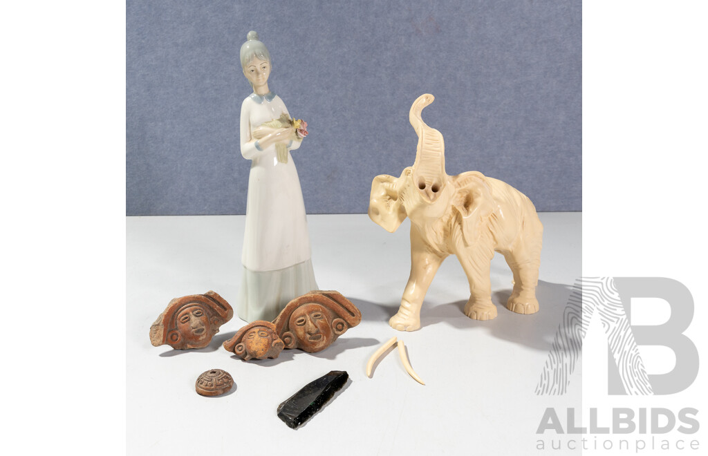 Miguel Reqeuna Porcelain Figure, Composite Elephant Figure and Collection Souvenir Mexican Terracotta Items