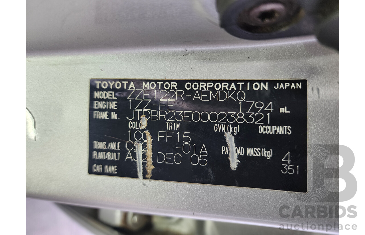 12/2005 Toyota Corolla Ascent ZZE122R 4d Sedan Silver 1.8L