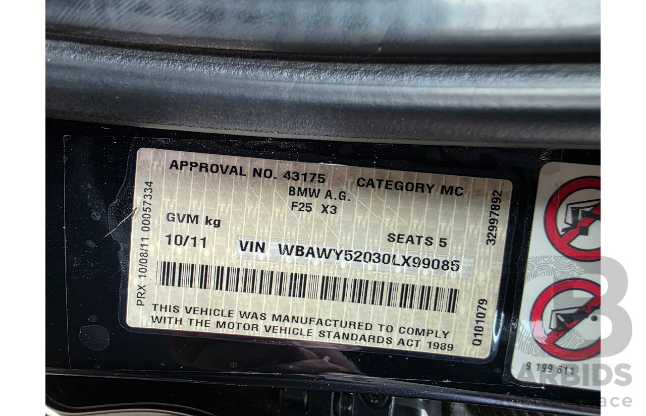 10/2011 BMW X3 Xdrive 30d M-Sport Pack (AWD) F25 4d Wagon Carbon Black Metallic Turbo Diesel 3.0L