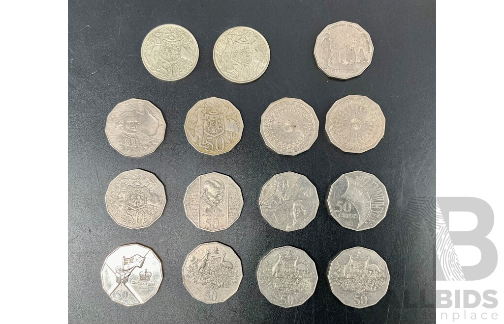 Australian 50c Coins Collection 1966-2005, Including 1966 Round Coins and More - Lot of 15