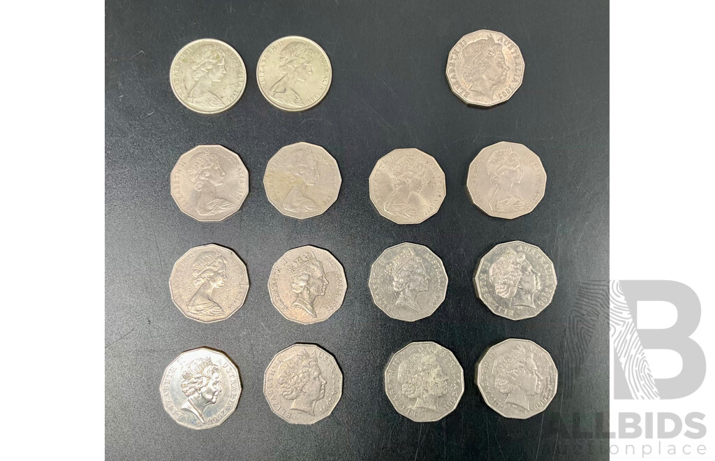 Australian 50c Coins Collection 1966-2005, Including 1966 Round Coins and More - Lot of 15