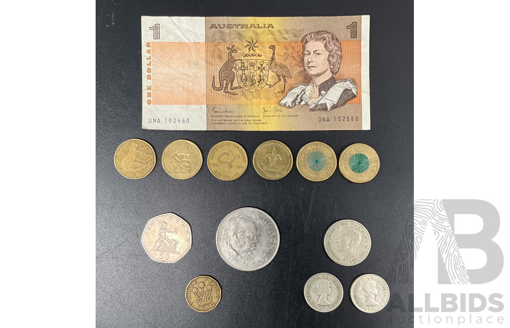 Australian and UK Coins and Note, Including Australian $1 Note and Coins, Australian Florin 1946, Australian Shilling Coins 1959,1961,  UK Pence 1970 and Threepence 1942 - Lot of 13