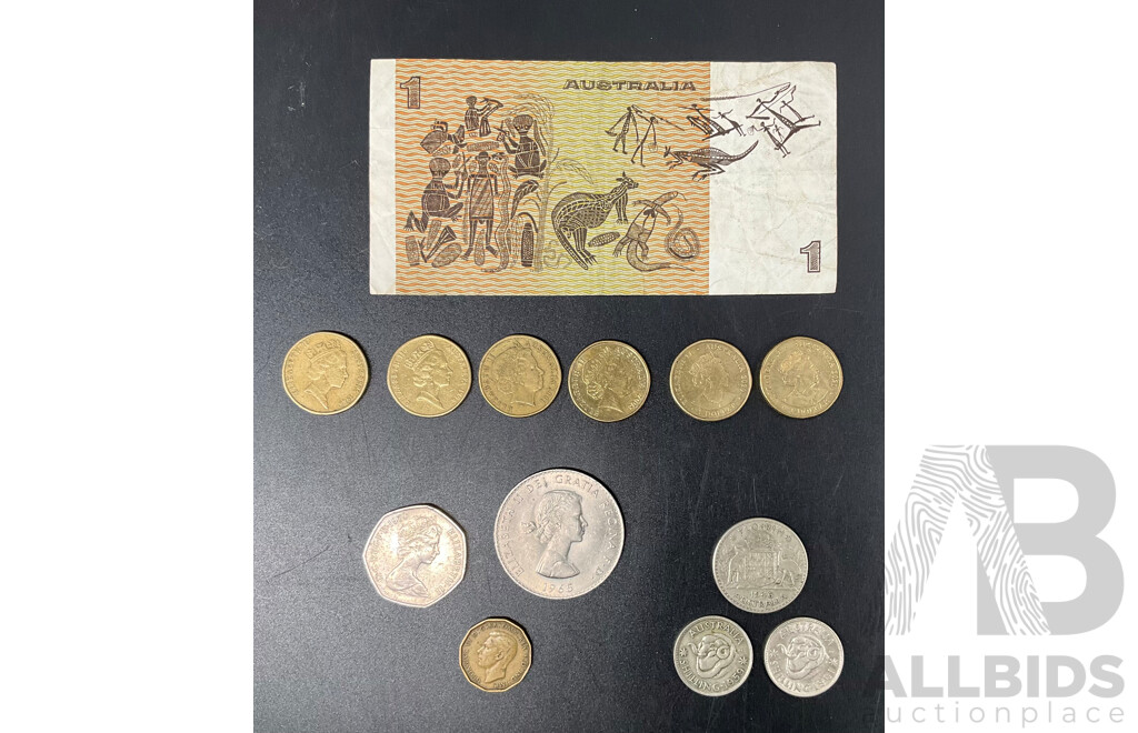 Australian and UK Coins and Note, Including Australian $1 Note and Coins, Australian Florin 1946, Australian Shilling Coins 1959,1961,  UK Pence 1970 and Threepence 1942 - Lot of 13