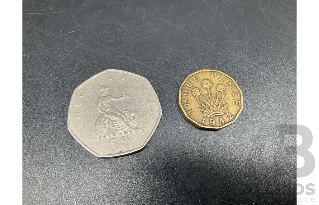 Australian and UK Coins and Note, Including Australian $1 Note and Coins, Australian Florin 1946, Australian Shilling Coins 1959,1961,  UK Pence 1970 and Threepence 1942 - Lot of 13