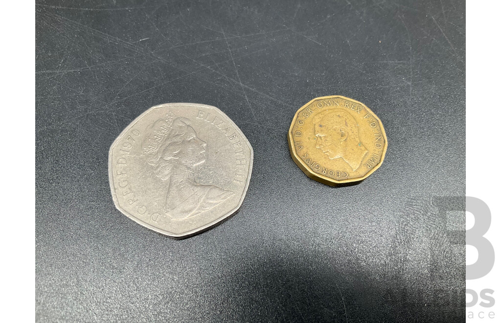 Australian and UK Coins and Note, Including Australian $1 Note and Coins, Australian Florin 1946, Australian Shilling Coins 1959,1961,  UK Pence 1970 and Threepence 1942 - Lot of 13