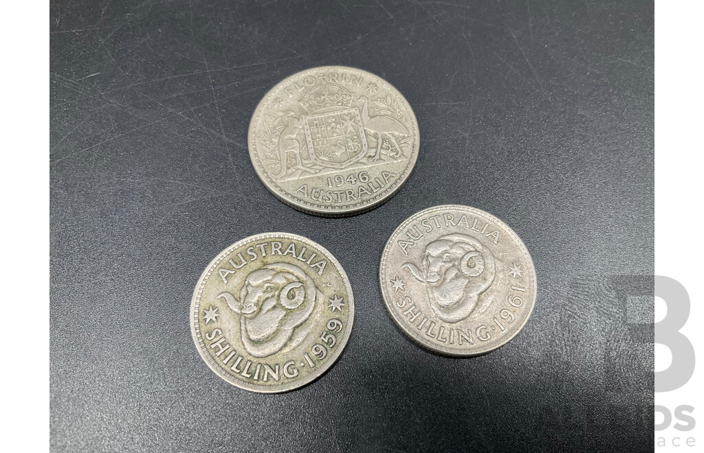 Australian and UK Coins and Note, Including Australian $1 Note and Coins, Australian Florin 1946, Australian Shilling Coins 1959,1961,  UK Pence 1970 and Threepence 1942 - Lot of 13