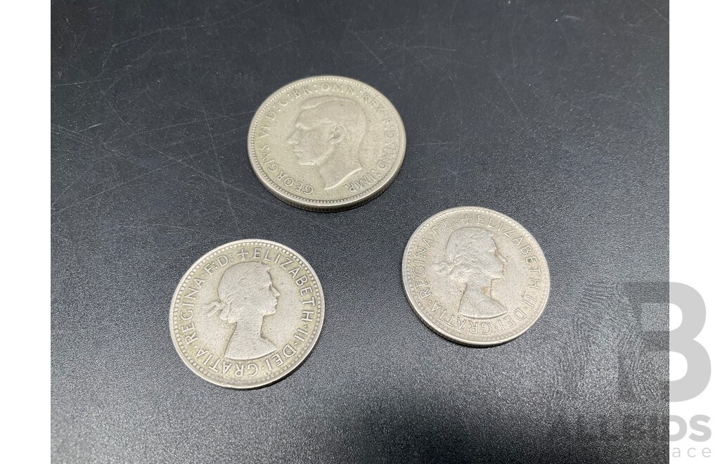 Australian and UK Coins and Note, Including Australian $1 Note and Coins, Australian Florin 1946, Australian Shilling Coins 1959,1961,  UK Pence 1970 and Threepence 1942 - Lot of 13