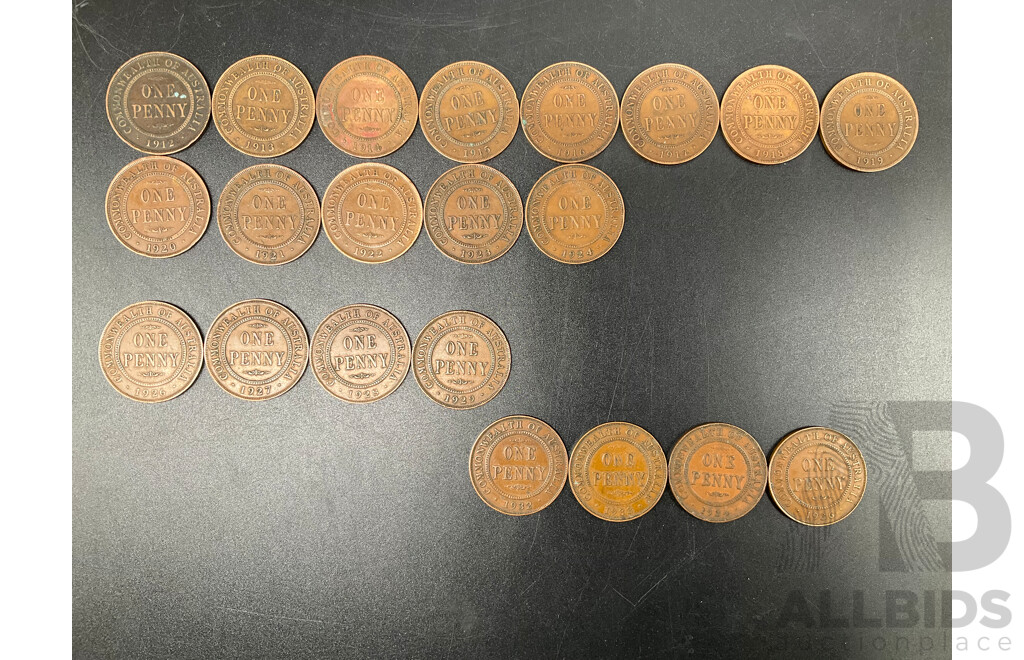 Collection of Australian ONE PENNY Coins, Consecutive Order of 1912-1924, 1926-1927, 1932-1936 - Lot of 21