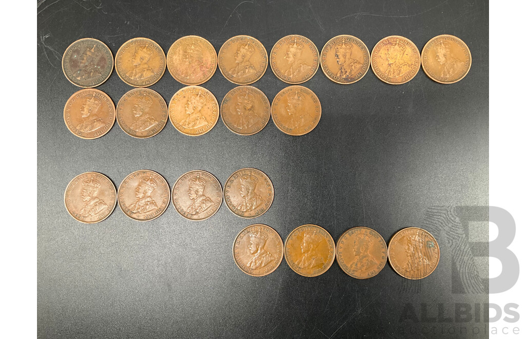 Collection of Australian ONE PENNY Coins, Consecutive Order of 1912-1924, 1926-1927, 1932-1936 - Lot of 21