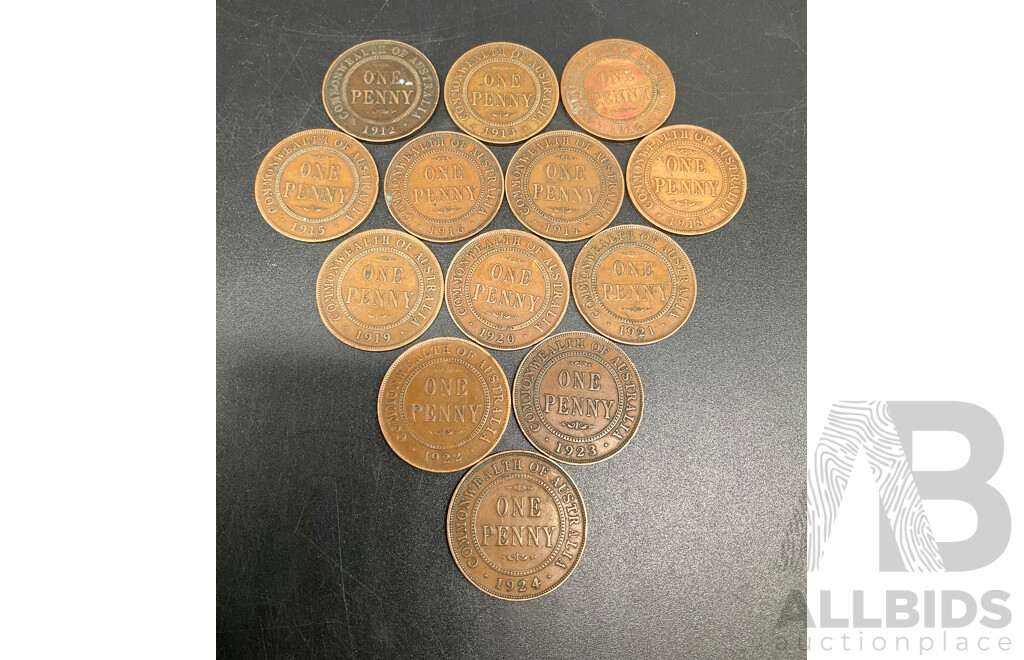 Collection of Australian ONE PENNY Coins, Consecutive Order of 1912-1924, 1926-1927, 1932-1936 - Lot of 21