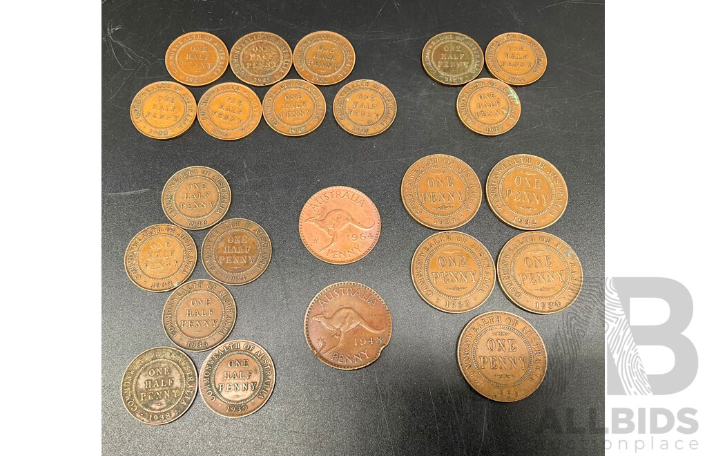 Collection of Australian ONE PENNY Coins - Consecutive Order of 1931-1935, 1948 & 1964, Australian ONE HALF PENNY Coins - Dated Between 1920-1939 - Lot of 23