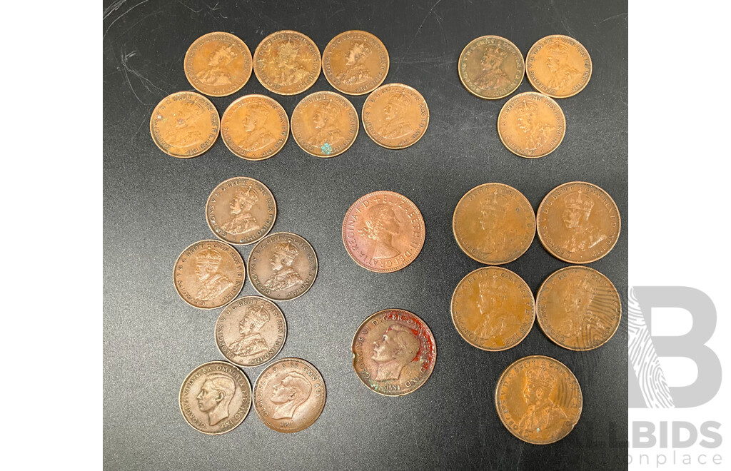 Collection of Australian ONE PENNY Coins - Consecutive Order of 1931-1935, 1948 & 1964, Australian ONE HALF PENNY Coins - Dated Between 1920-1939 - Lot of 23