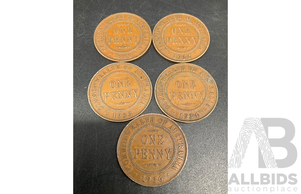 Collection of Australian ONE PENNY Coins - Consecutive Order of 1931-1935, 1948 & 1964, Australian ONE HALF PENNY Coins - Dated Between 1920-1939 - Lot of 23