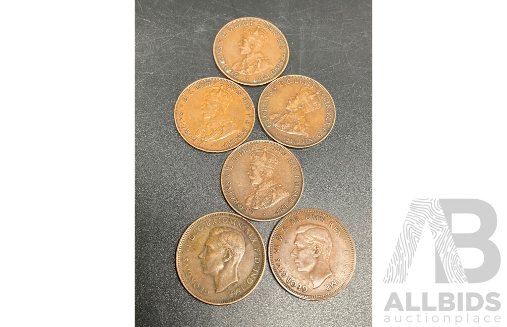 Collection of Australian ONE PENNY Coins - Consecutive Order of 1931-1935, 1948 & 1964, Australian ONE HALF PENNY Coins - Dated Between 1920-1939 - Lot of 23