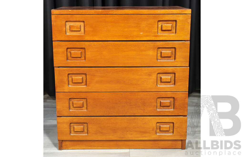 Teak Veneered Five Drawer Chest