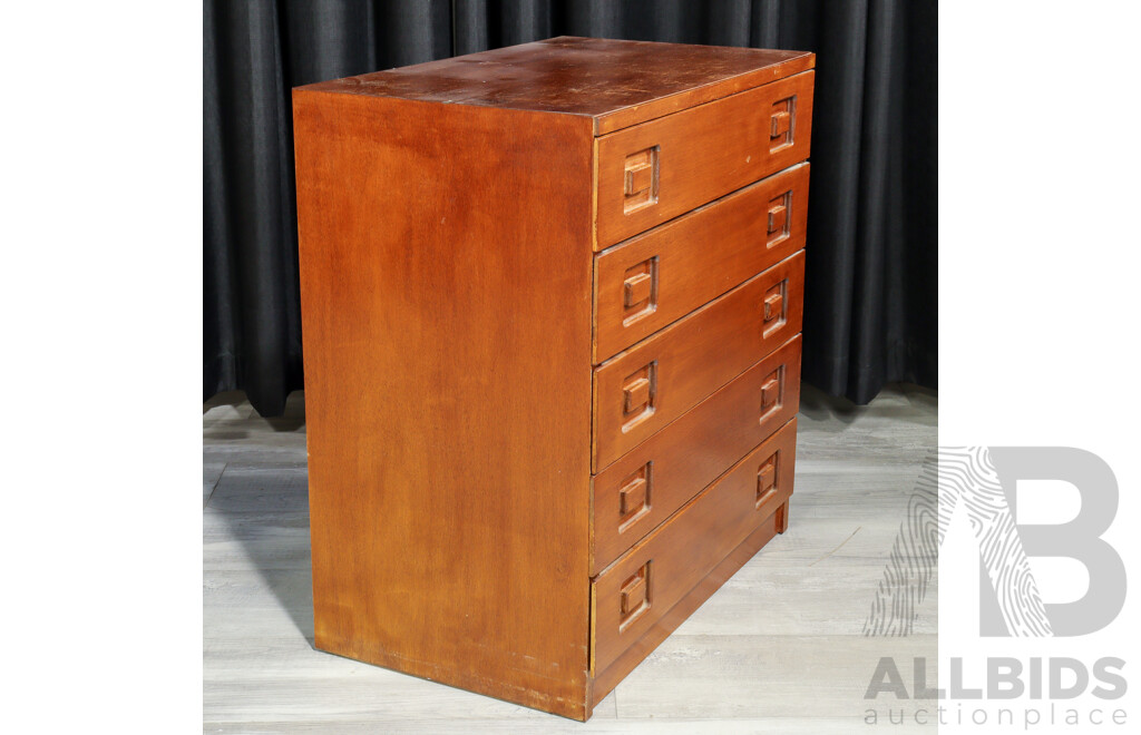 Teak Veneered Five Drawer Chest