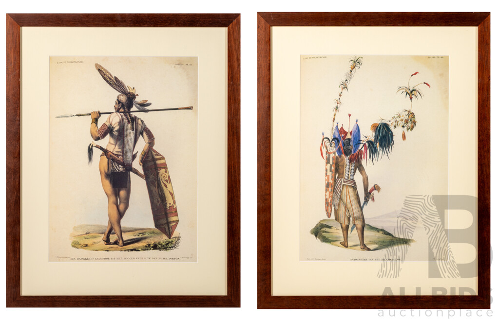 (After) S. Muller & T.C Bruining (19th Century, Dutch East Indies), Dayak in War Dress From Upper Reaches of Dusun River & Warrior of Solor Island, Prints of Original Lithographs, 58 x 46 cm (frames) (2)