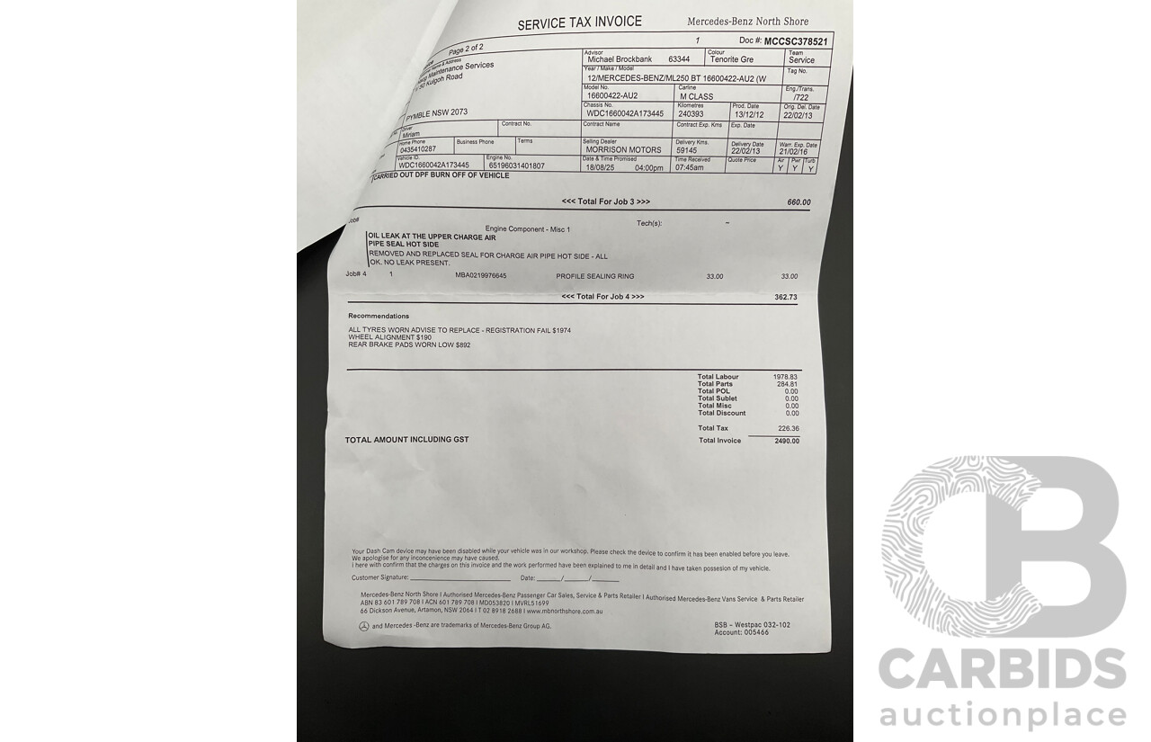 1/2013 Mercedes-Benz ML 250 CDI Bluetec (4x4) 166 4d Wagon Tenorite Grey Metallic Turbo Diesel 2.1L