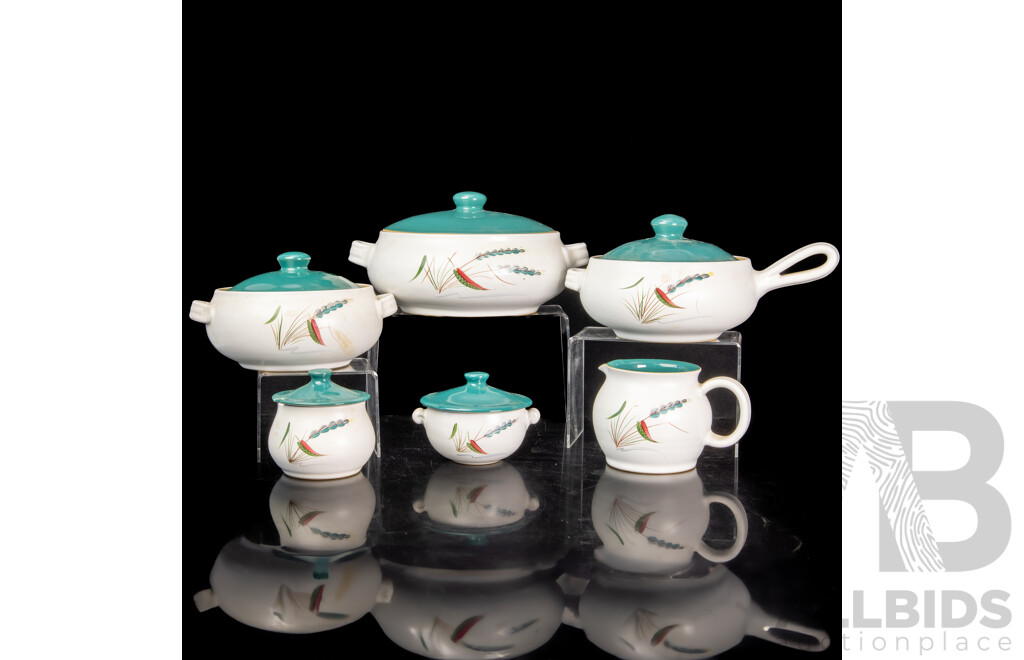 Collection Six Mid Century Green Wheat Table Wear in Green Wheat Pattern Designed by Albert Colledge