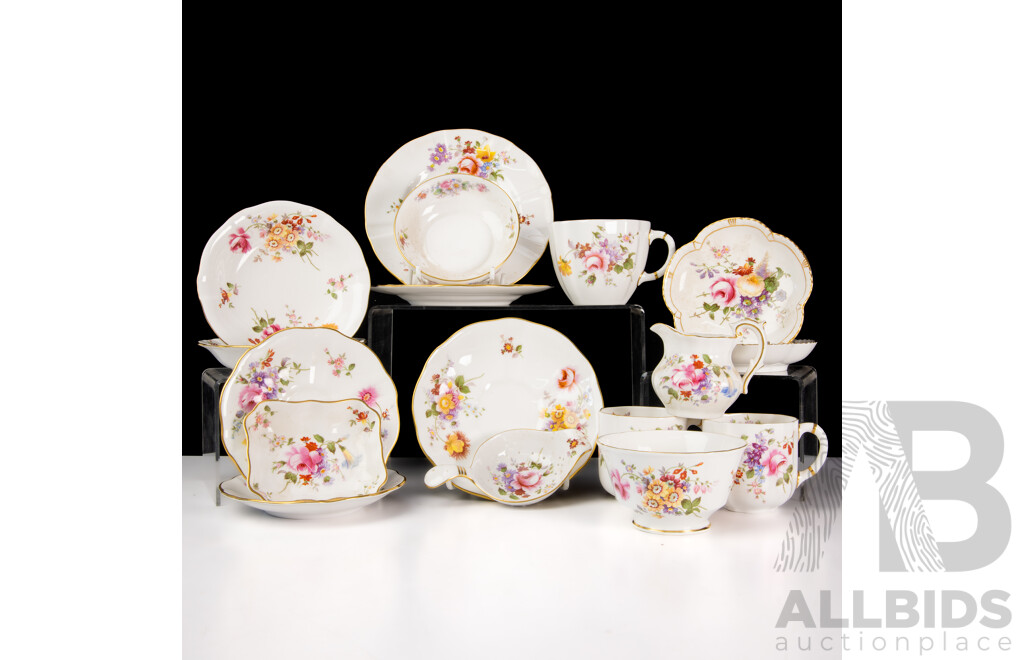 Collection 17 Pieces English Royal Crown Derby Porcelain in Derby Posies Pattern Including Creamer, Sugar Bowl, Two Trios, Duo and More