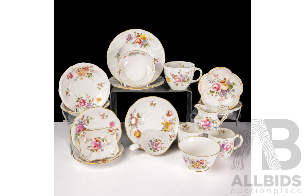Collection 17 Pieces English Royal Crown Derby Porcelain in Derby Posies Pattern Including Creamer, Sugar Bowl, Two Trios, Duo and More