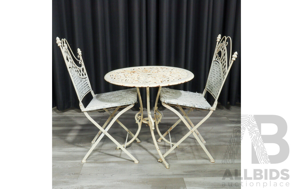 Cast Iron Garden Table with Two Wrought Iron Chairs
