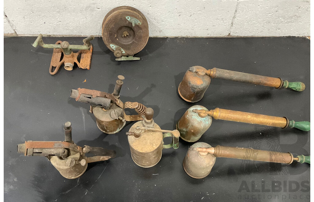 Vintage Australian Brass Garagenalia Including Blow Torch, Sprayer and More