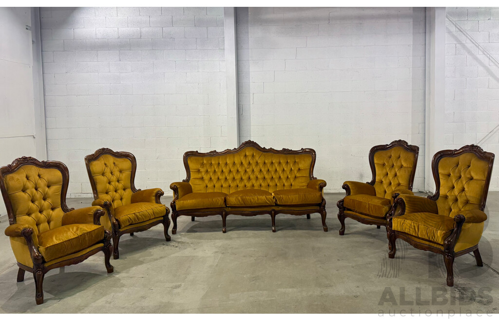 Victorian Style Carved Wood & Mustard Velvet Lounge Suite - 5 Piece