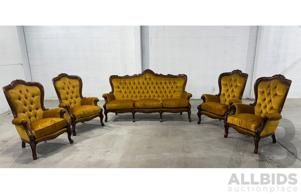Victorian Style Carved Wood & Mustard Velvet Lounge Suite - 5 Piece