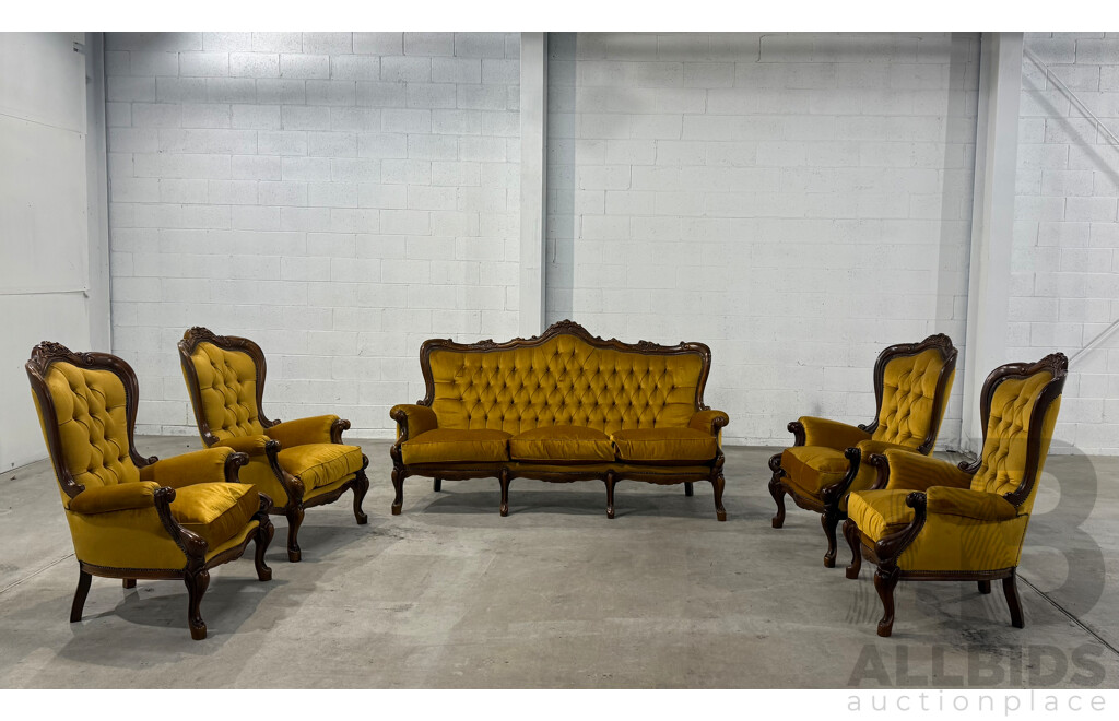 Victorian Style Carved Wood & Mustard Velvet Lounge Suite - 5 Piece