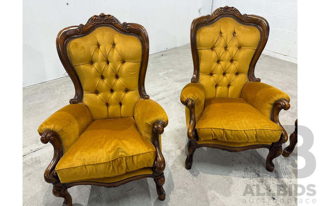 Victorian Style Carved Wood & Mustard Velvet Lounge Suite - 5 Piece