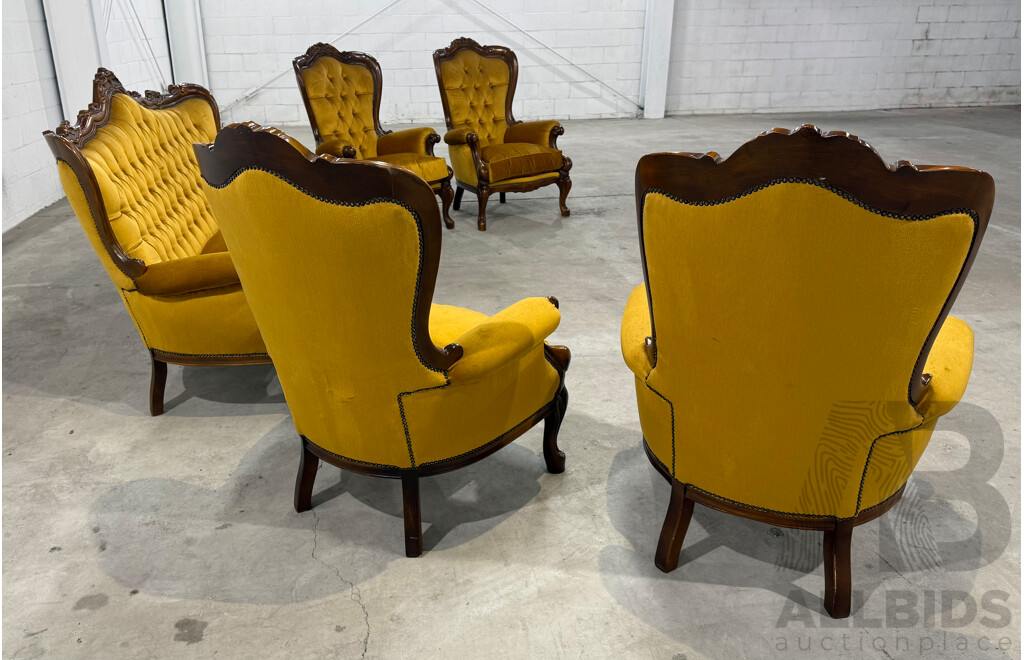 Victorian Style Carved Wood & Mustard Velvet Lounge Suite - 5 Piece