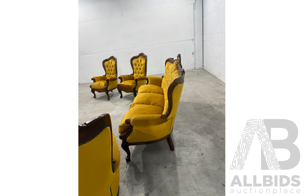 Victorian Style Carved Wood & Mustard Velvet Lounge Suite - 5 Piece