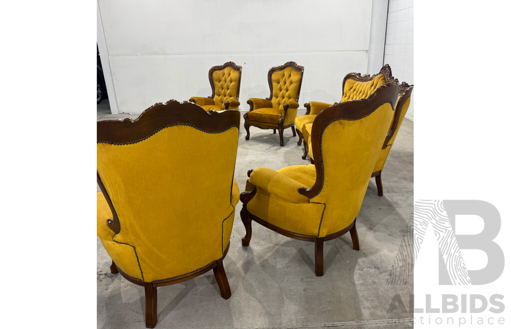 Victorian Style Carved Wood & Mustard Velvet Lounge Suite - 5 Piece