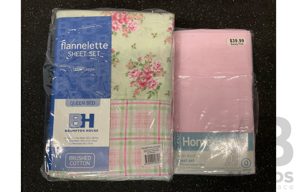 Flannelette Queen Sheet Set and Plain Dyed Queen Pink Sheet Set - Lot of 2