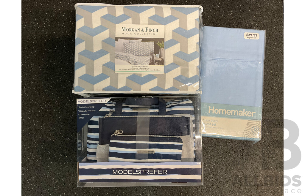 MORGAN & FINCH Queen Sheet Set, HOMEMAKER Blue Queen Sheet Set and Modelsprefer Bag Set - Lot of 3