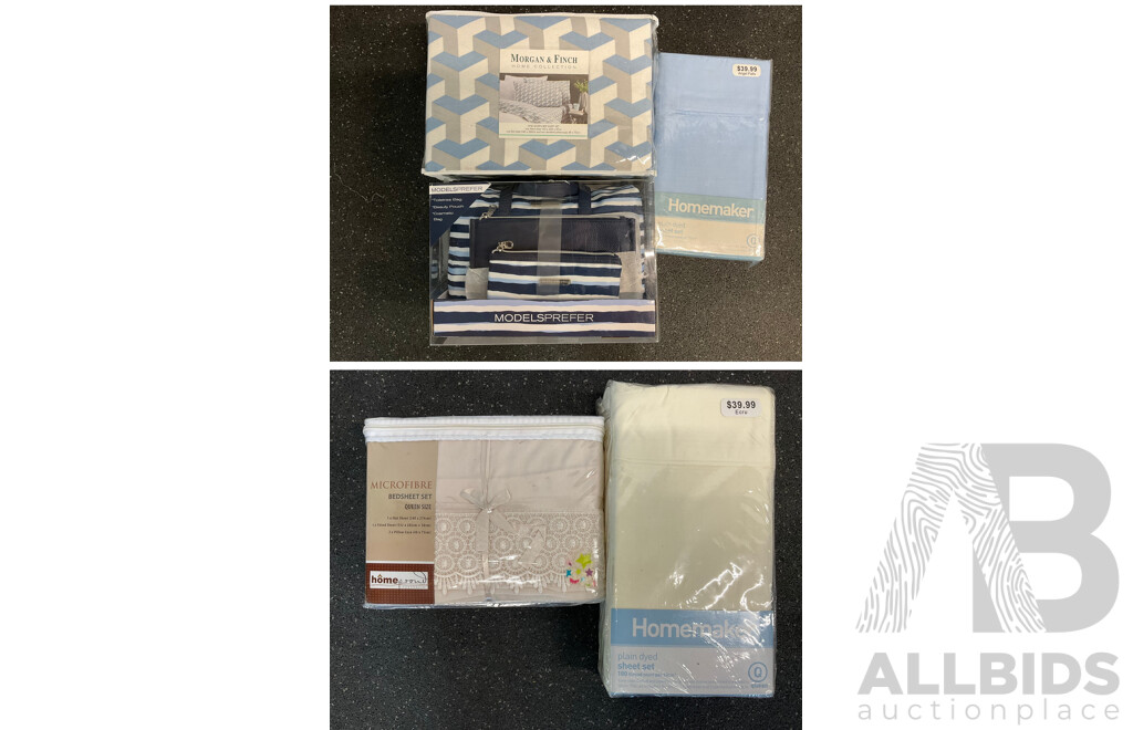 MORGAN & FINCH,MICROFIBRE, HOMEMAKER Queen Sheet Set and Modelsprefer Bag Set - Lot of 5