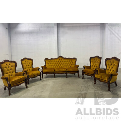 Victorian Style Carved Wood & Mustard Velvet Lounge Suite - 5 Piece