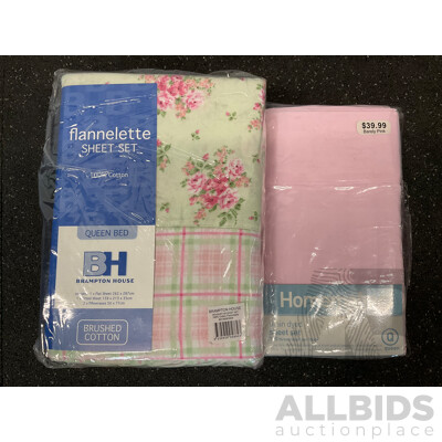 Flannelette Queen Sheet Set and Plain Dyed Queen Pink Sheet Set - Lot of 2