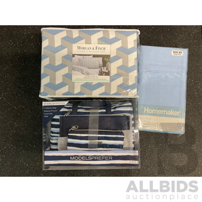 MORGAN & FINCH Queen Sheet Set, HOMEMAKER Blue Queen Sheet Set and Modelsprefer Bag Set - Lot of 3