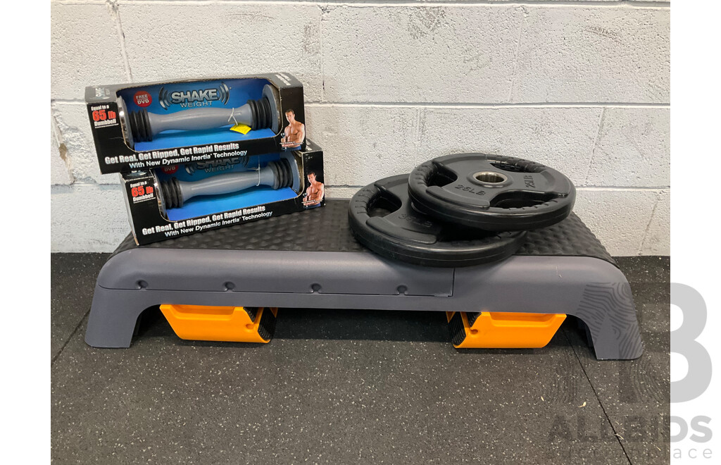 Multifunctional Aerobic Step Fitness Stepper, Shake Weight Strength (x2) and Set of Rubber Coated Weight Plate (25lb,35lb) - Lot of 5