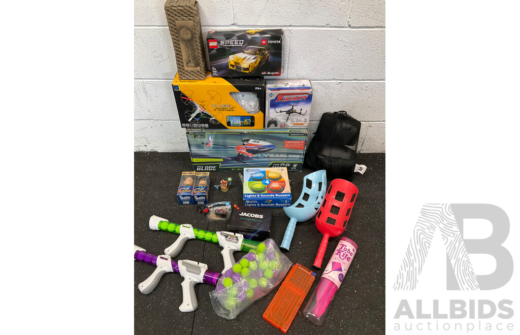 Assorted Kids Toys, Incluing LEGO, Assorted Drones, Blizzard Raid Blaster and More
