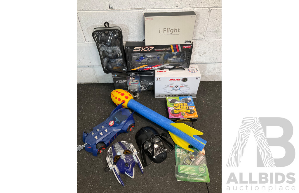Assorted Kids Toys, Incluing Assorted Drones, Answer Buzzers and More